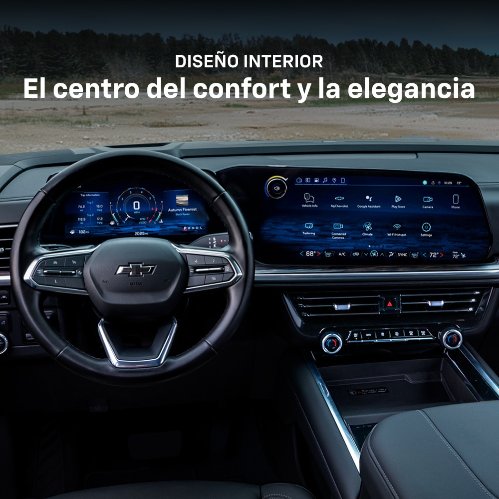 Interior de la nueva Tahoe 2025, mostrando su confort y elegancia.